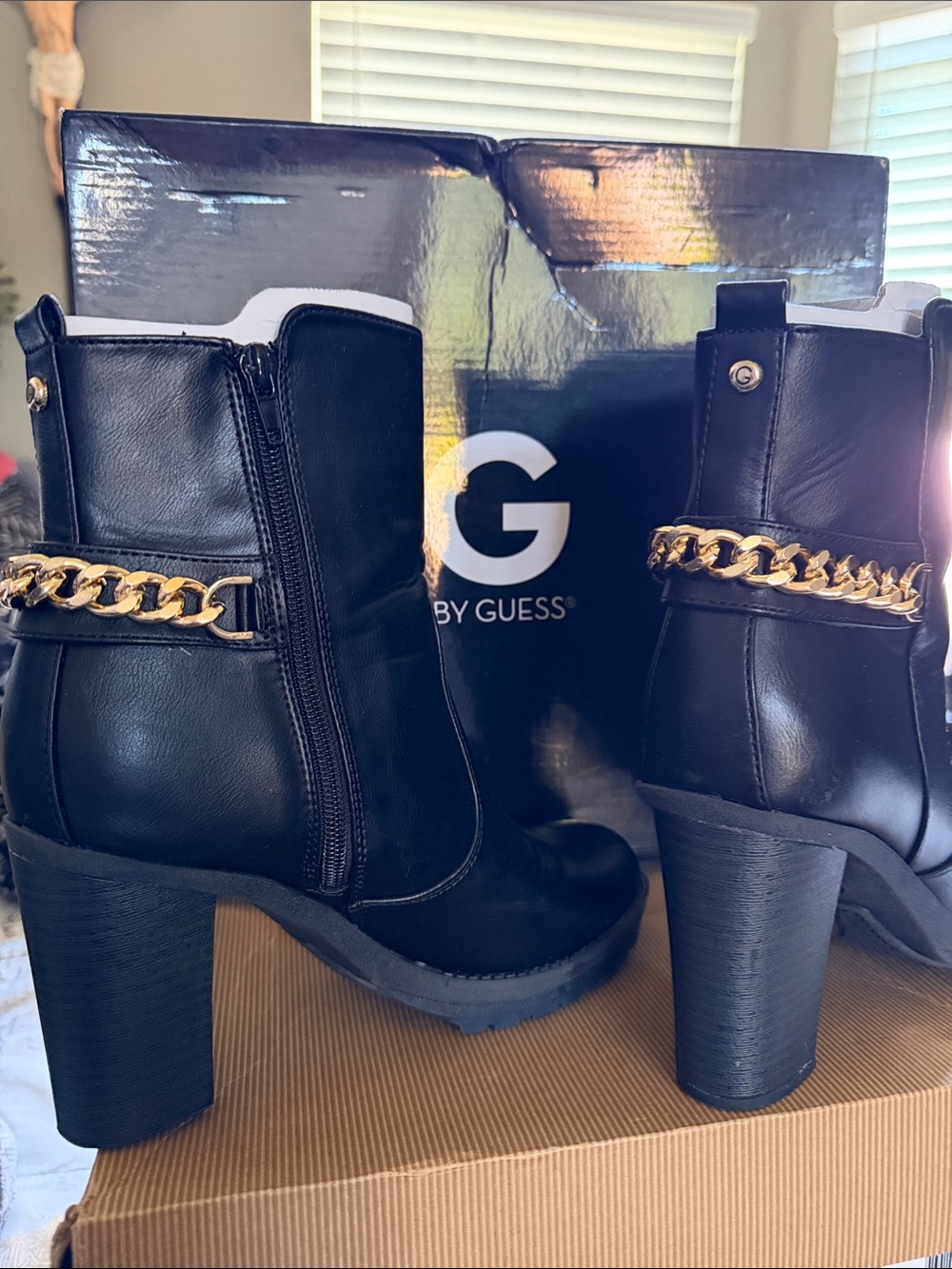 GUESS Black Ankle Booties with Gold Chain Accent